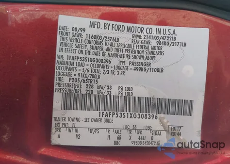 1999 Ford Taurus Se/Se-Ne from USA, damaged, VIN 1FAFP53S1XG308396